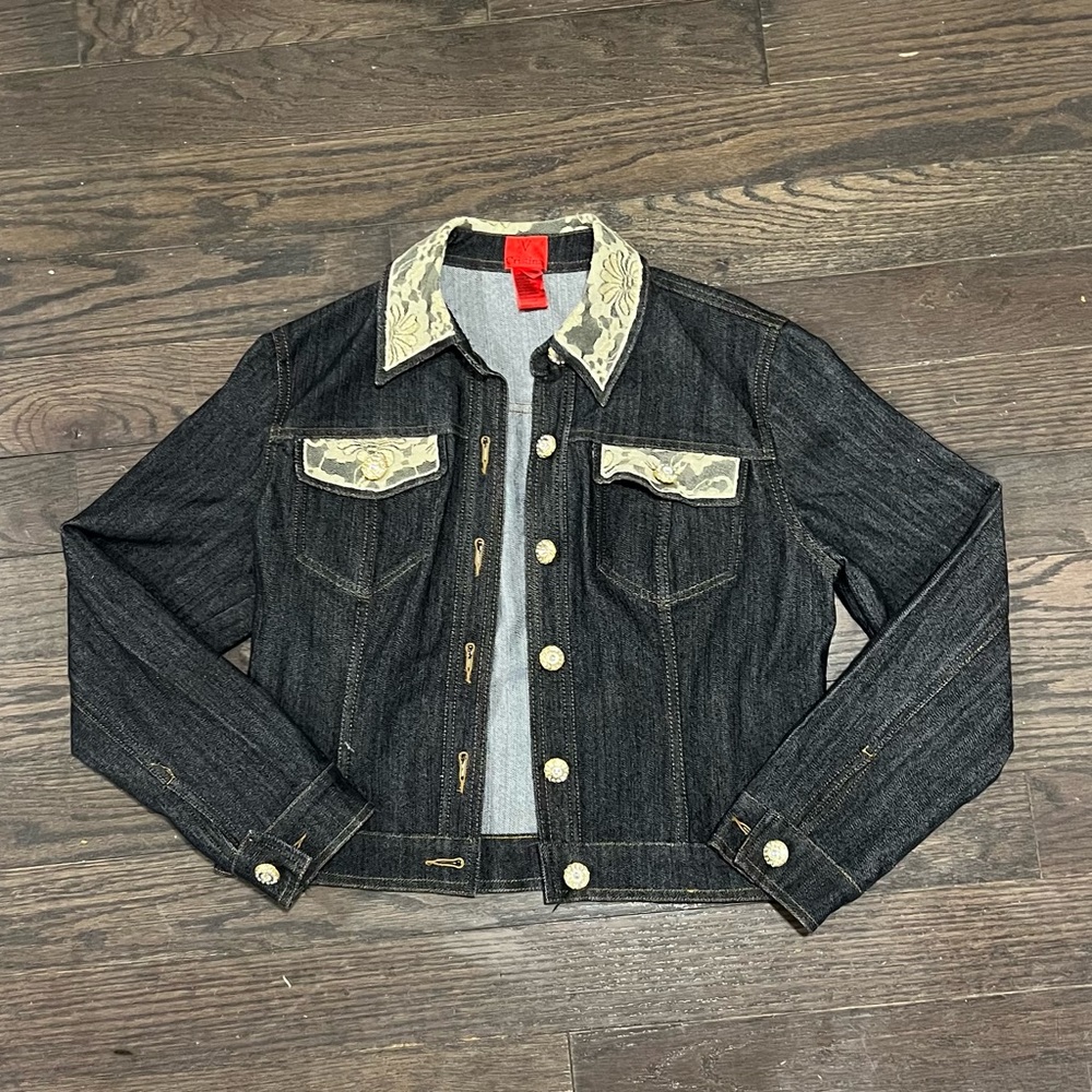 denim jacket with gold lace and embellished buttons